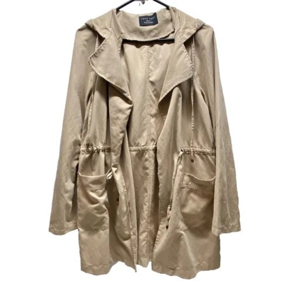 Love Tree Open Front Utility Jacket Women's Small Khaki Tan Hooded‎ Anorak GUC